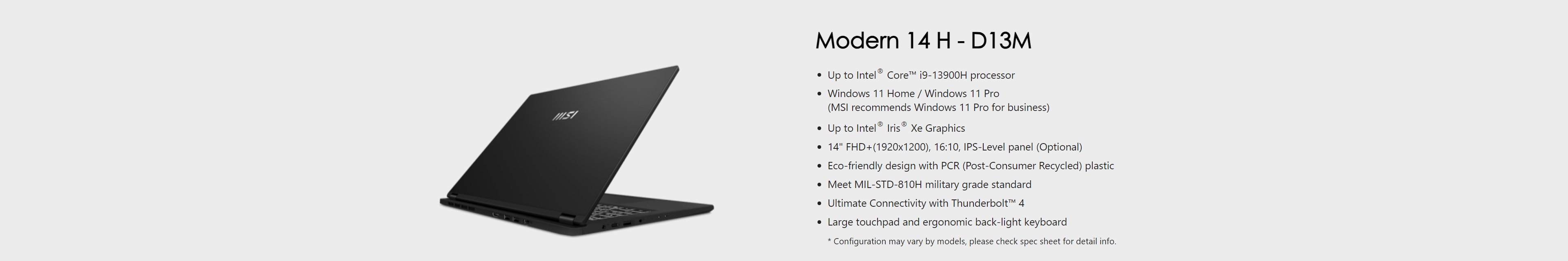 A large marketing image providing additional information about the product MSI Modern 14 H (D13M) - 14" 13th Gen i9, 16GB/1TB - Win 11 Notebook - Additional alt info not provided