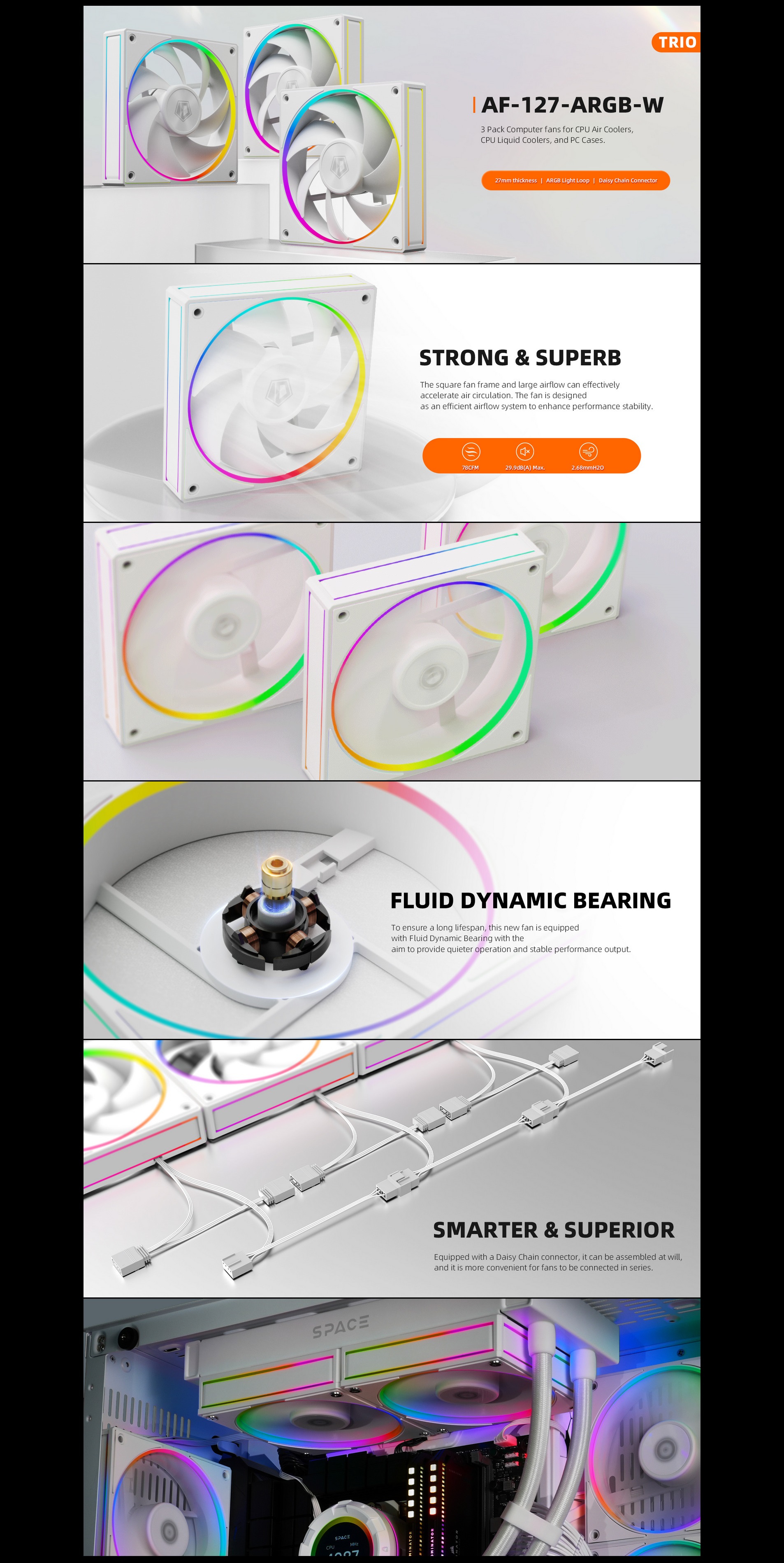 A large marketing image providing additional information about the product ID-COOLING AF Series 120mm ARGB Case Fan 3 Pack - White - Additional alt info not provided