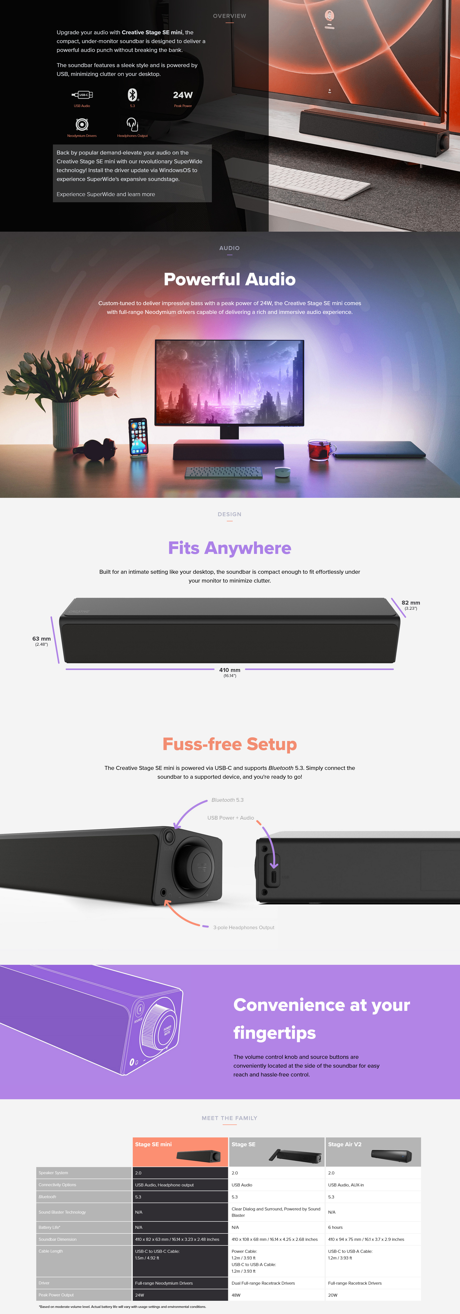 A large marketing image providing additional information about the product Creative Stage SE Mini Bluetooth Soundbar - Additional alt info not provided
