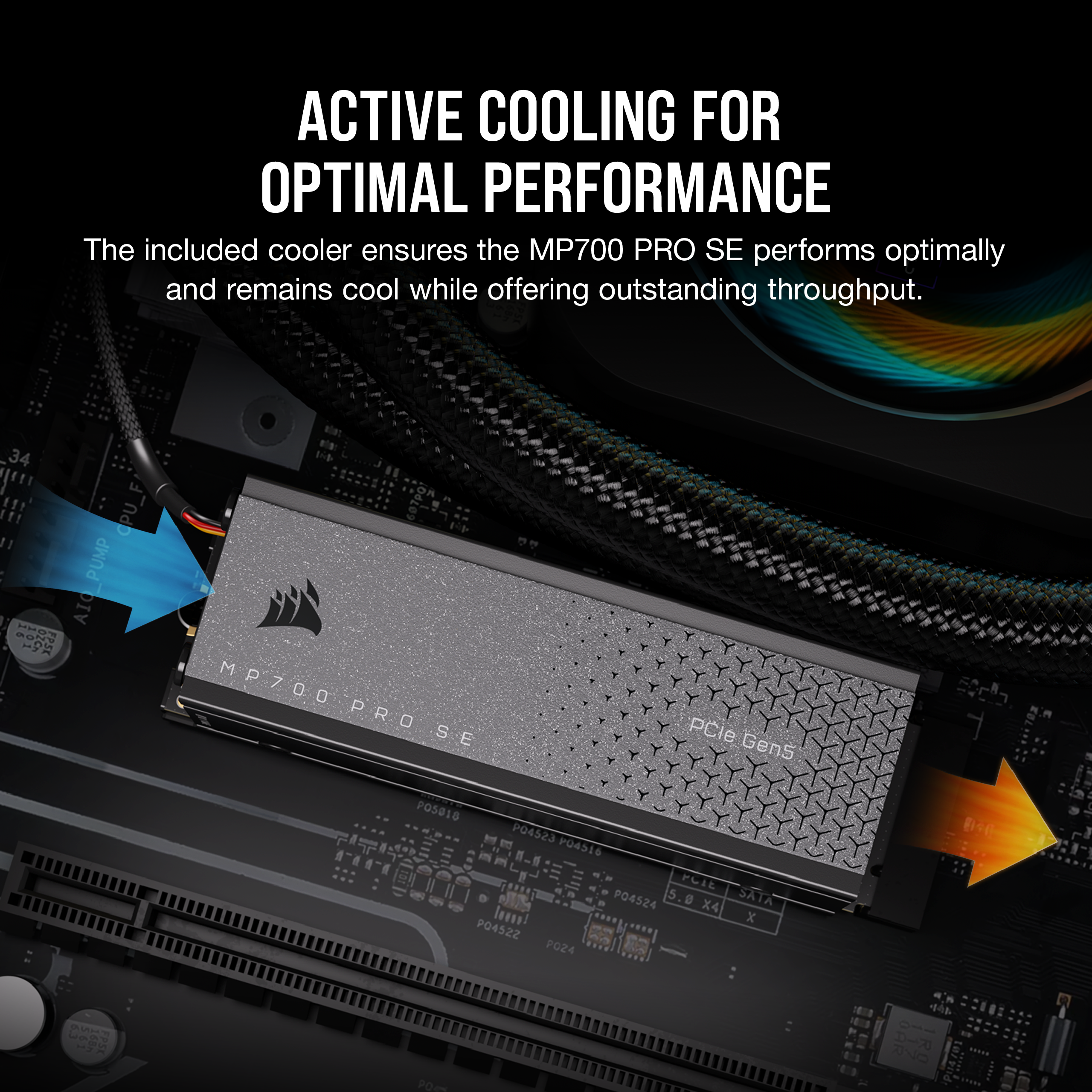 A large marketing image providing additional information about the product Corsair MP700 PRO SE w/ Air Cooler PCIe Gen5 NVMe M.2 SSD - 2TB - Additional alt info not provided