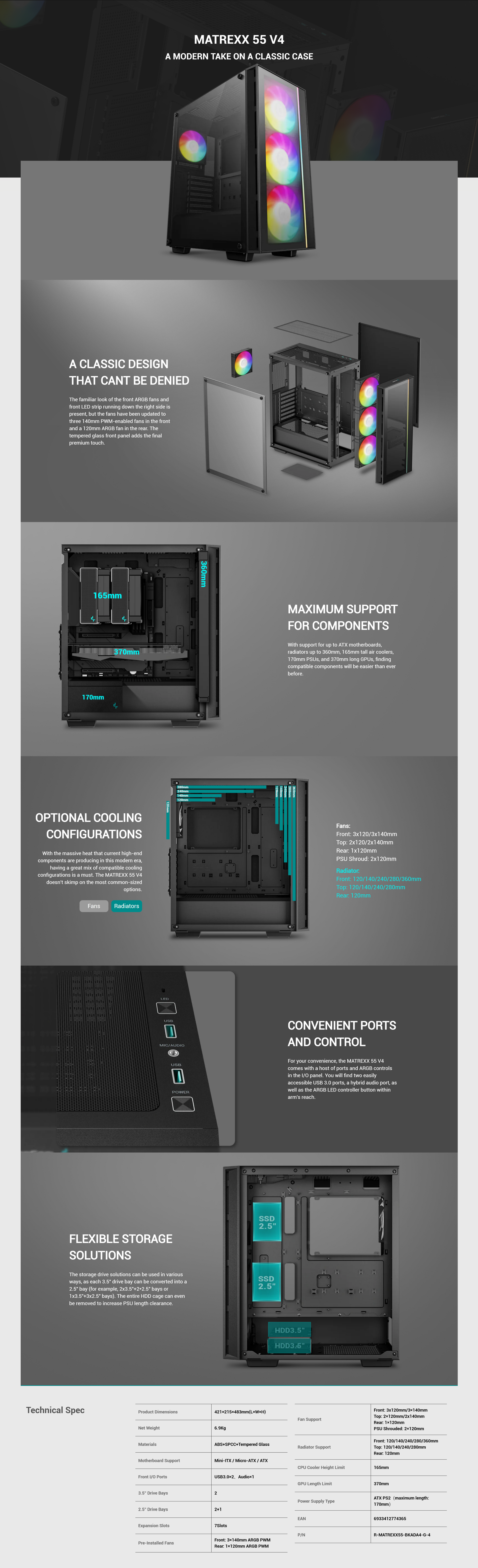 A large marketing image providing additional information about the product DeepCool Matrexx 55 V4 Tempered Front Mid Tower Case - Black - Additional alt info not provided