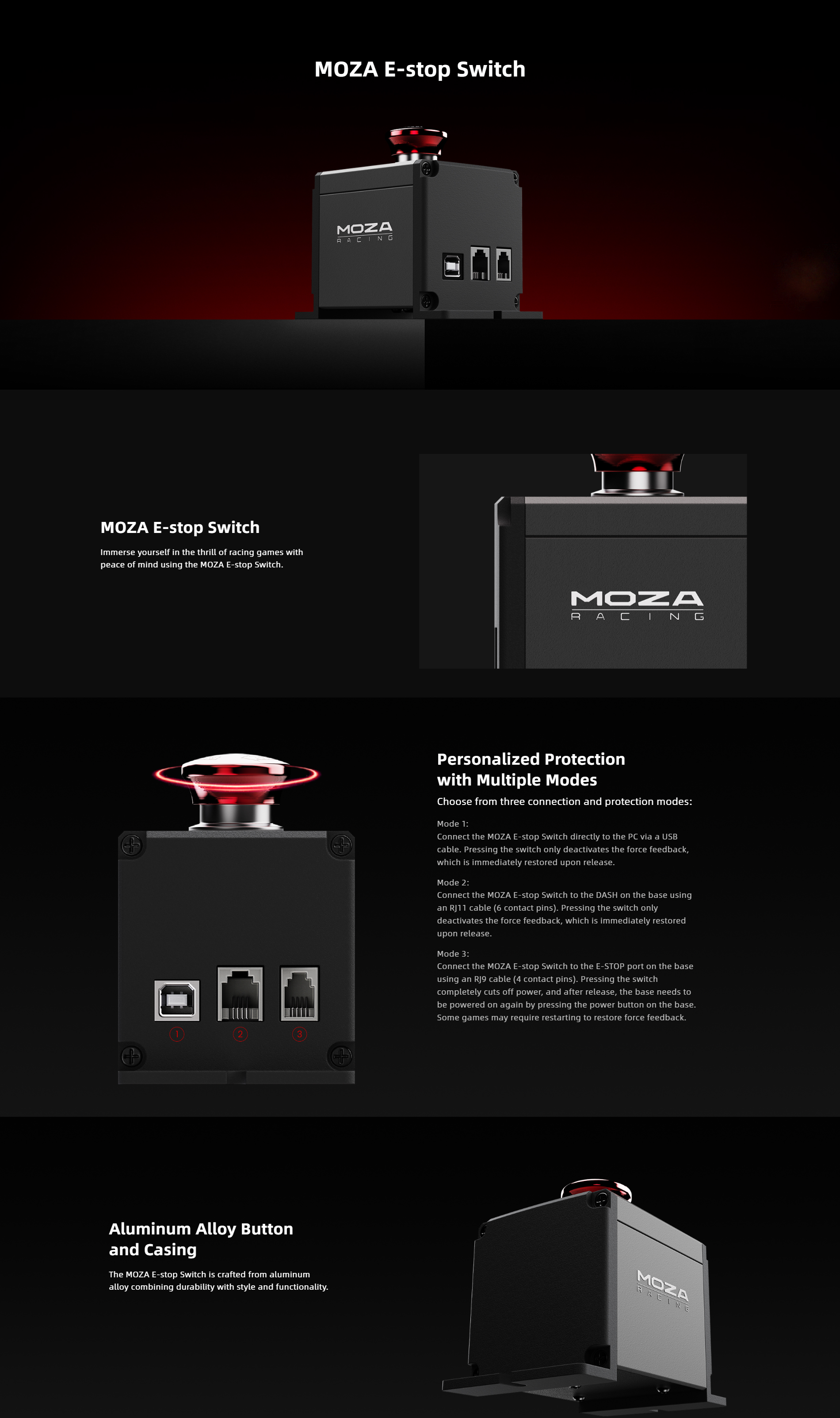 A large marketing image providing additional information about the product MOZA E-Stop Switch - Additional alt info not provided