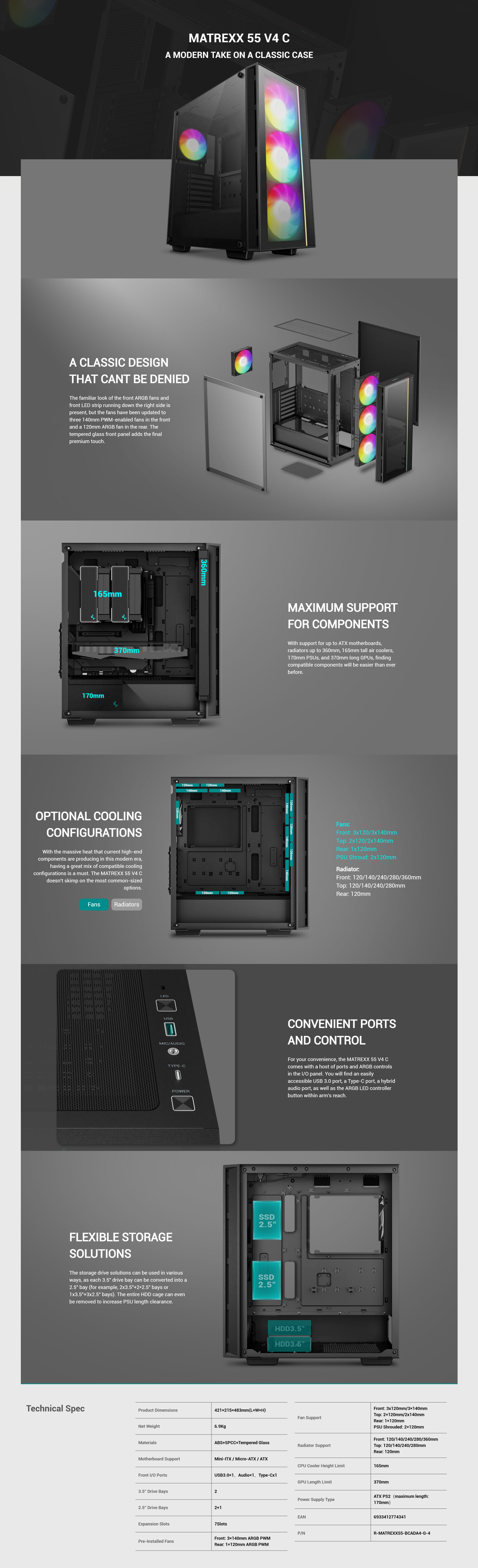 A large marketing image providing additional information about the product DeepCool Matrexx 55 V4 USB-C Tempered Front Mid Tower Case - Black - Additional alt info not provided