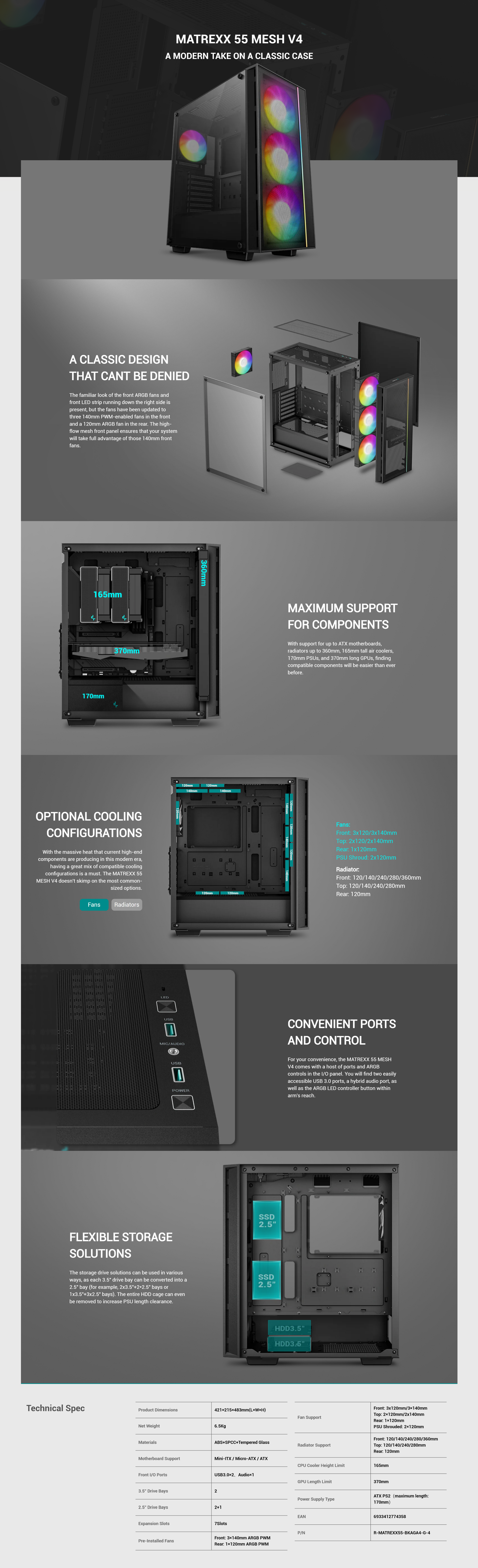 A large marketing image providing additional information about the product DeepCool Matrexx 55 V4 Mesh Front Mid Tower Case - Black - Additional alt info not provided