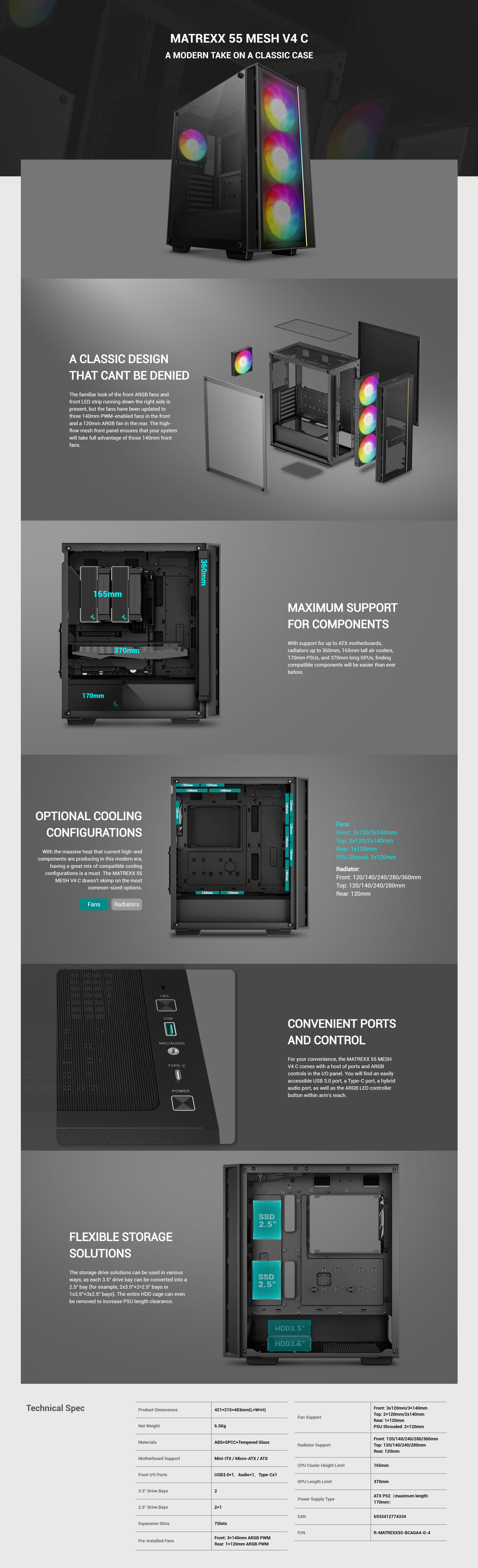 A large marketing image providing additional information about the product DeepCool Matrexx 55 V4 USB-C Mesh Front Mid Tower Case - Black - Additional alt info not provided