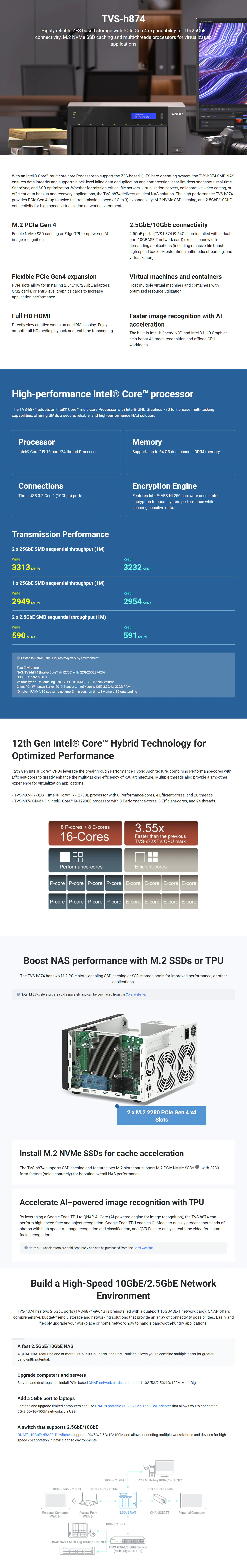 A large marketing image providing additional information about the product QNAP TVS-h874 8-Bay NAS (Intel i7 12-Core/20-Thread, 32GB RAM, 2.5GbE) - Additional alt info not provided