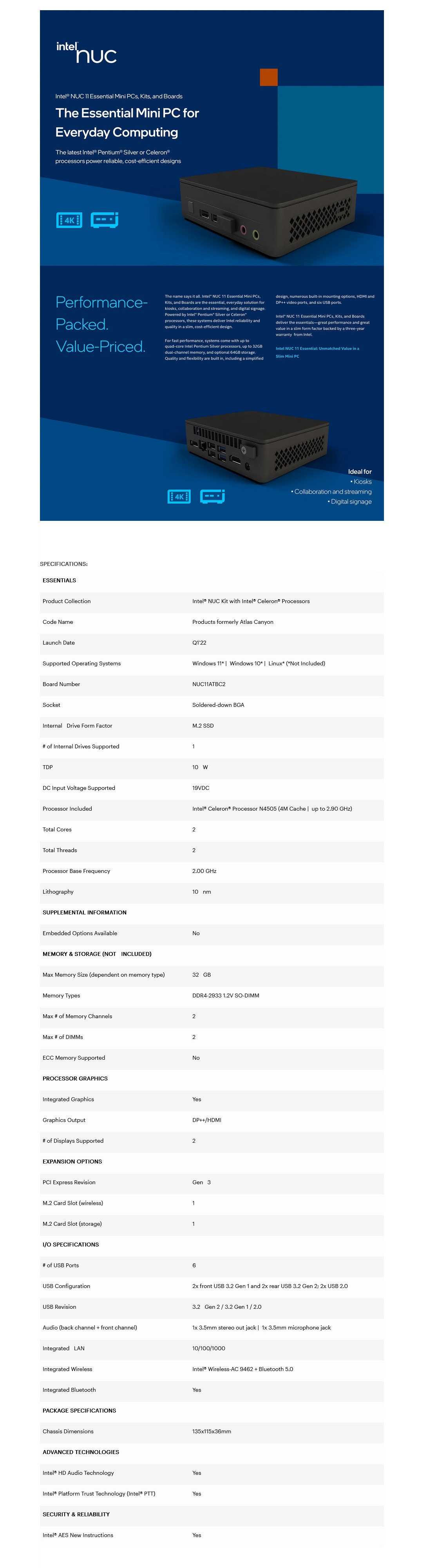 A large marketing image providing additional information about the product Intel/ASUS NUC 11 Atlas Canyon Celeron N4505 Barebones Mini PC - Additional alt info not provided