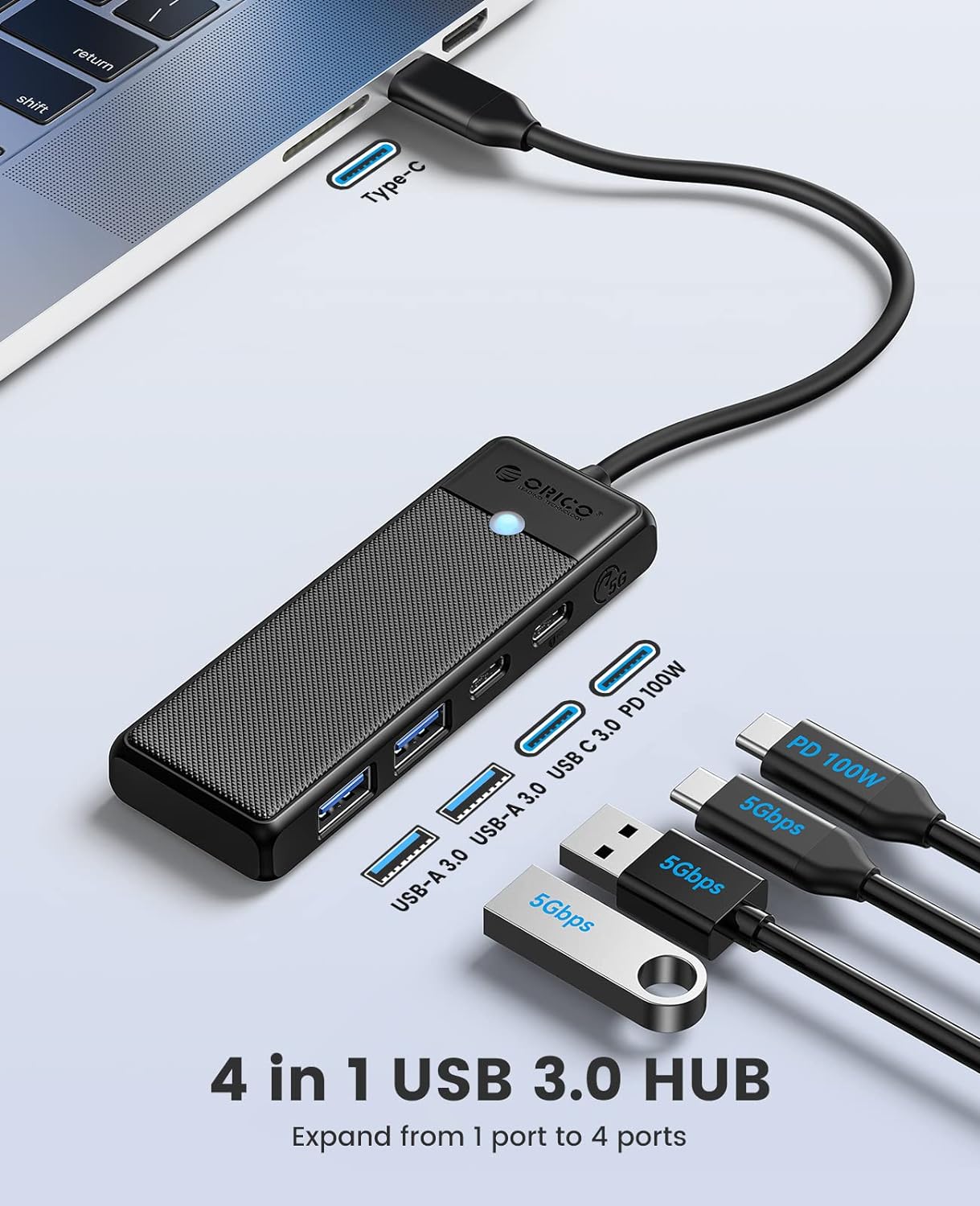 A large marketing image providing additional information about the product ORICO 4-Port USB 3.0 Type-C Hub with 100W PD - Additional alt info not provided