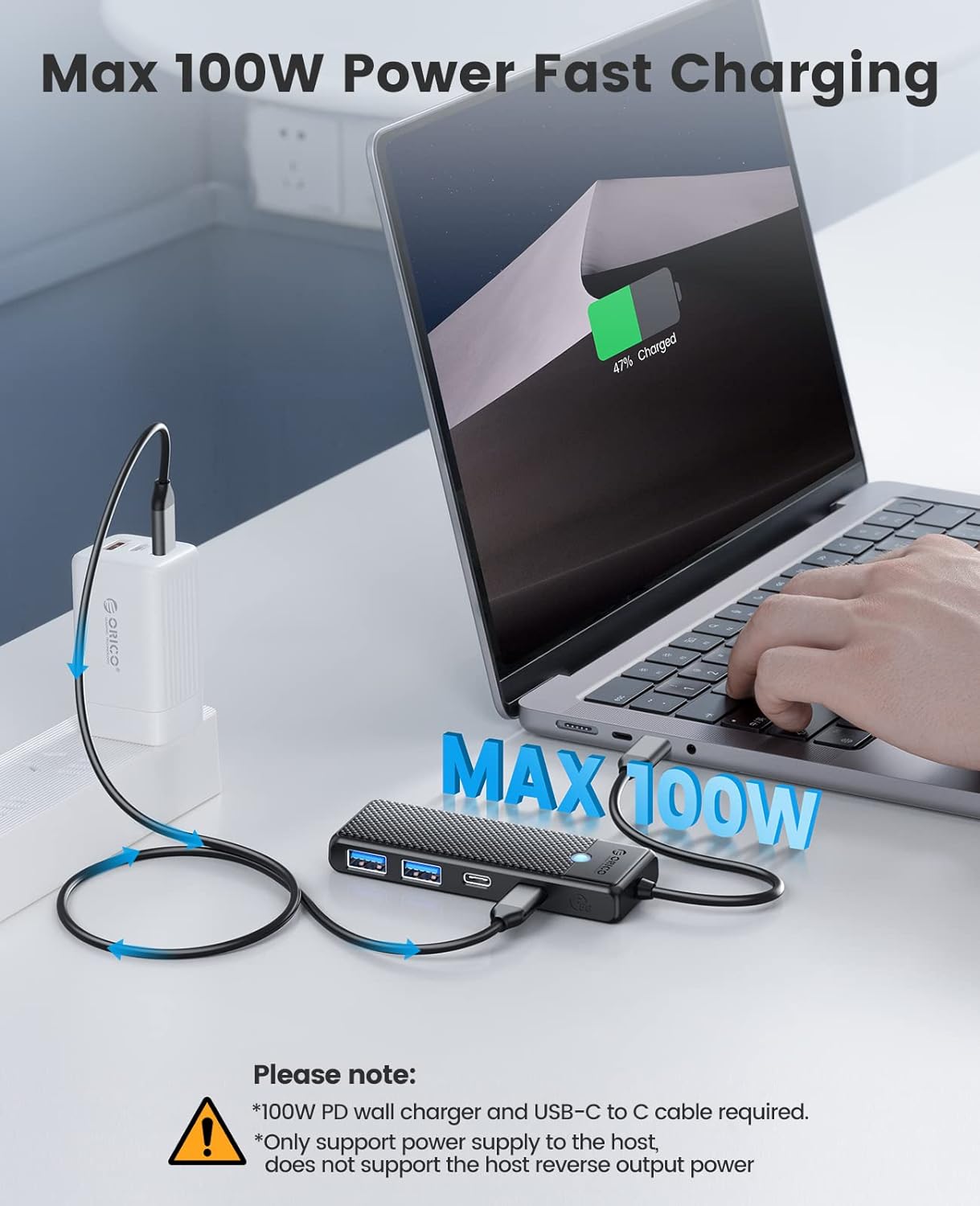 A large marketing image providing additional information about the product ORICO 4-Port USB 3.0 Type-C Hub with 100W PD - Additional alt info not provided