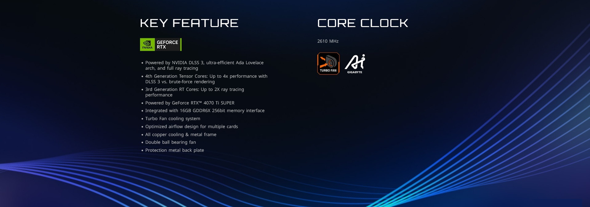 A large marketing image providing additional information about the product Gigabyte GeForce RTX 4070 Ti SUPER AI TOP 16GB GDDR6X - Additional alt info not provided