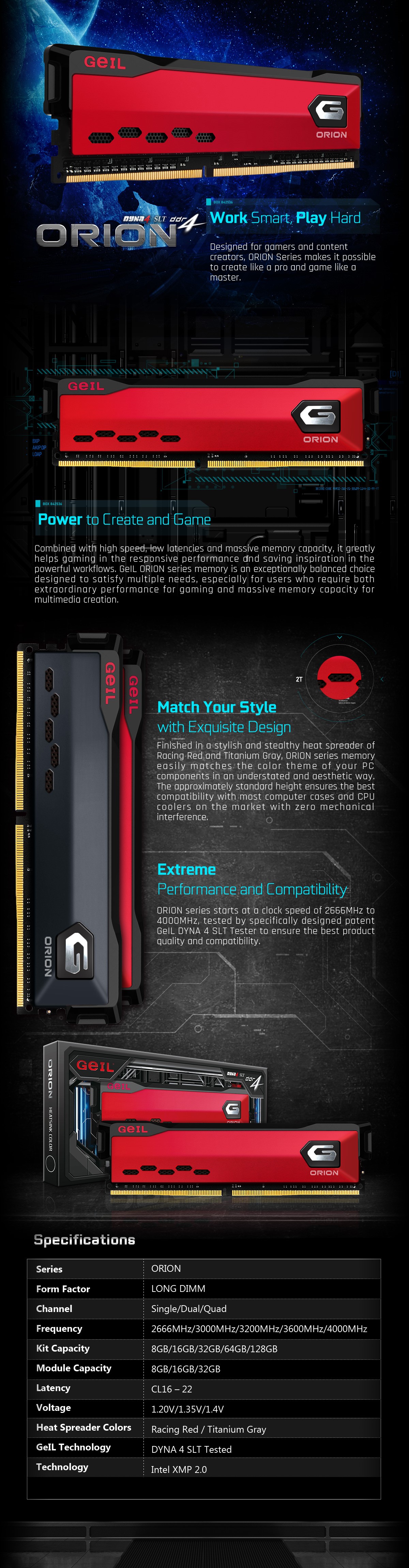 A large marketing image providing additional information about the product GeIL 16GB Kit (2x8GB) DDR4 Orion C16 3200MHz - Charcoal Grey - Additional alt info not provided