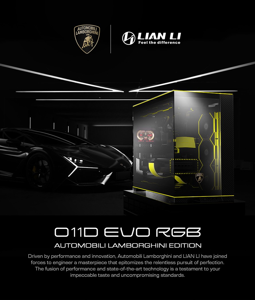 A large marketing image providing additional information about the product Lian Li O11D EVO RGB Automobili Lamborghini Mid Tower Case - Additional alt info not provided