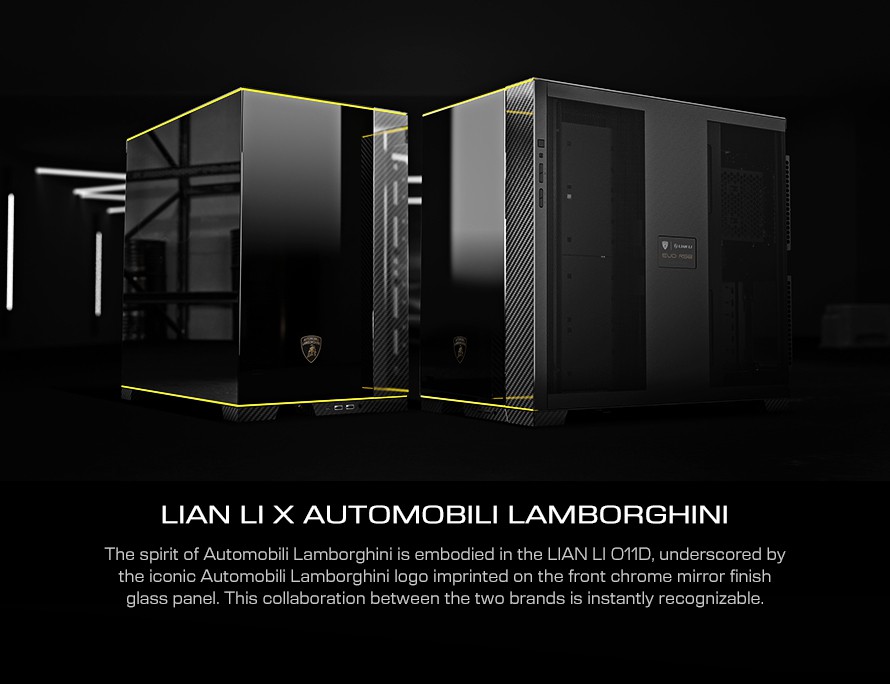 A large marketing image providing additional information about the product Lian Li O11D EVO RGB Automobili Lamborghini Mid Tower Case - Additional alt info not provided