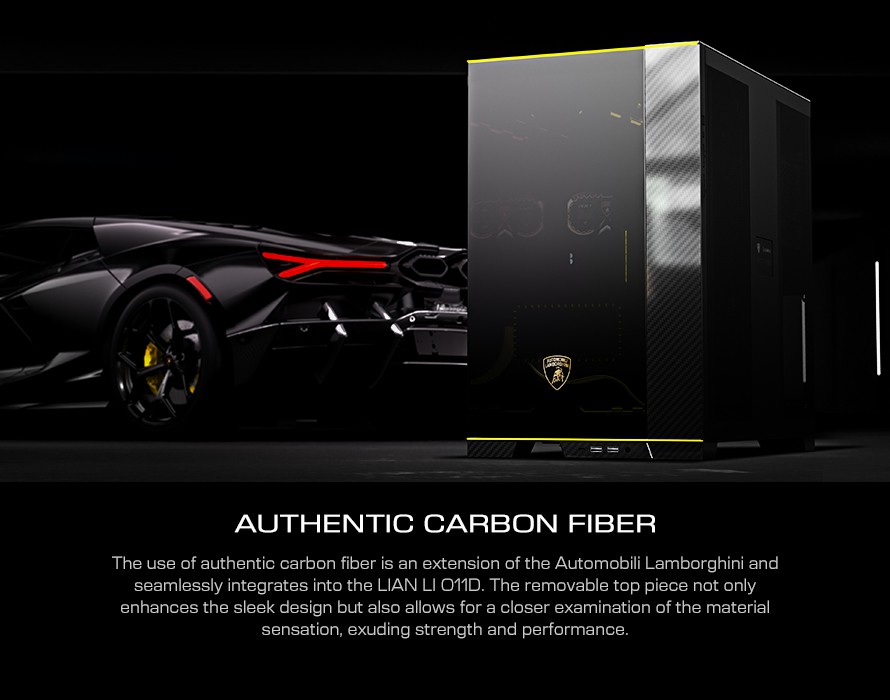 A large marketing image providing additional information about the product Lian Li O11D EVO RGB Automobili Lamborghini Mid Tower Case - Additional alt info not provided