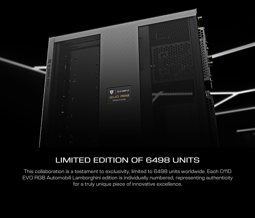 A large marketing image providing additional information about the product Lian Li O11D EVO RGB Automobili Lamborghini Mid Tower Case - Additional alt info not provided