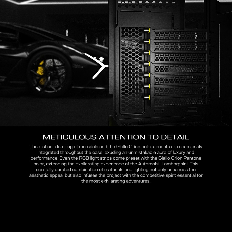 A large marketing image providing additional information about the product Lian Li O11D EVO RGB Automobili Lamborghini Mid Tower Case - Additional alt info not provided