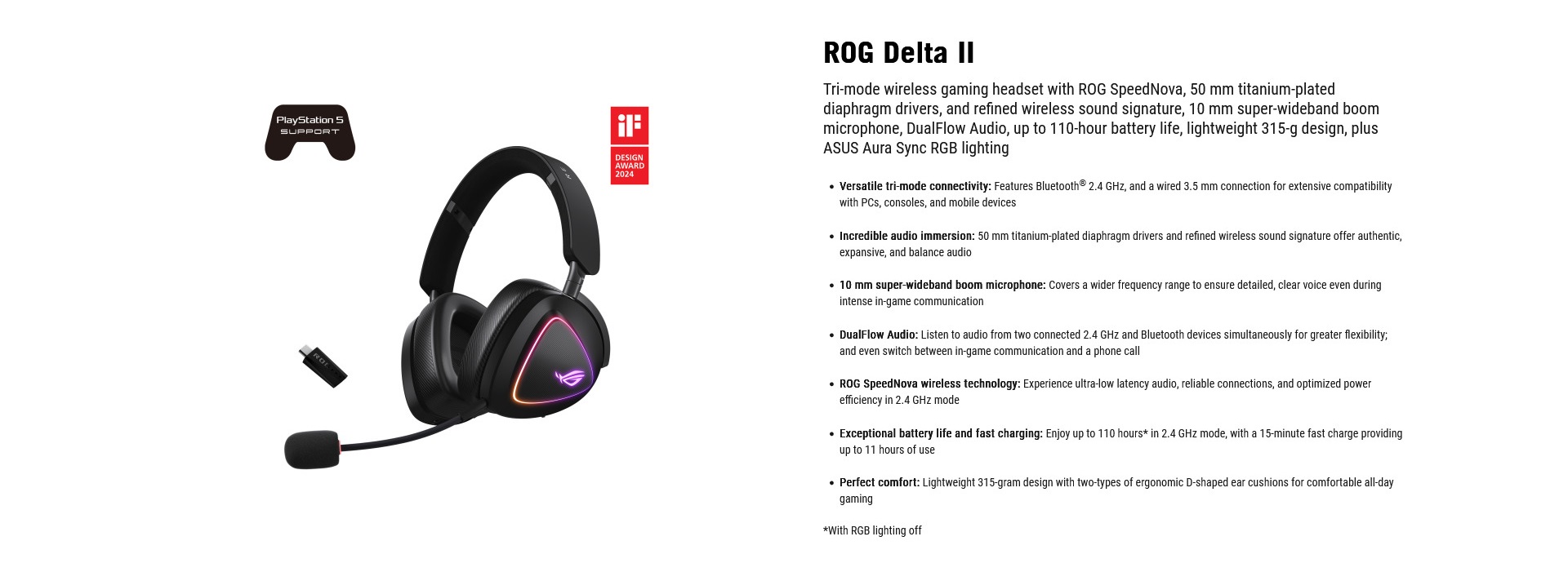 A large marketing image providing additional information about the product ASUS ROG DELTA II Tri-Mode Wireless Gaming Headset - Additional alt info not provided