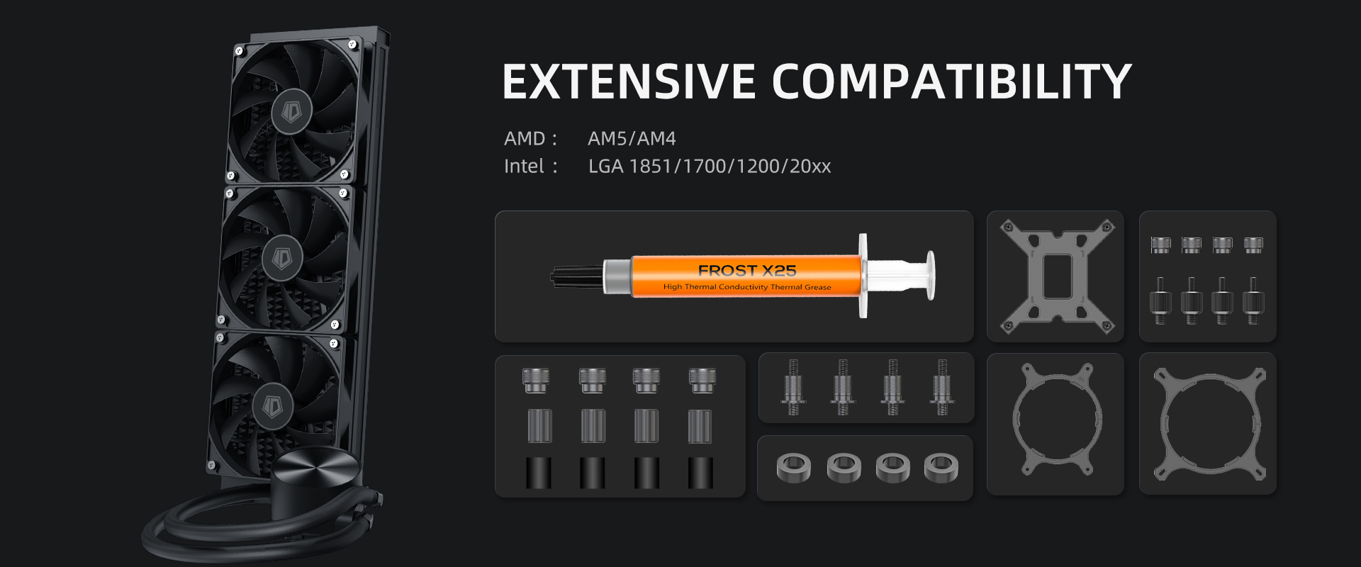 A large marketing image providing additional information about the product ID-COOLING FrostFlow FX360 PRO 360mm AIO CPU Liquid Cooler - Black - Additional alt info not provided