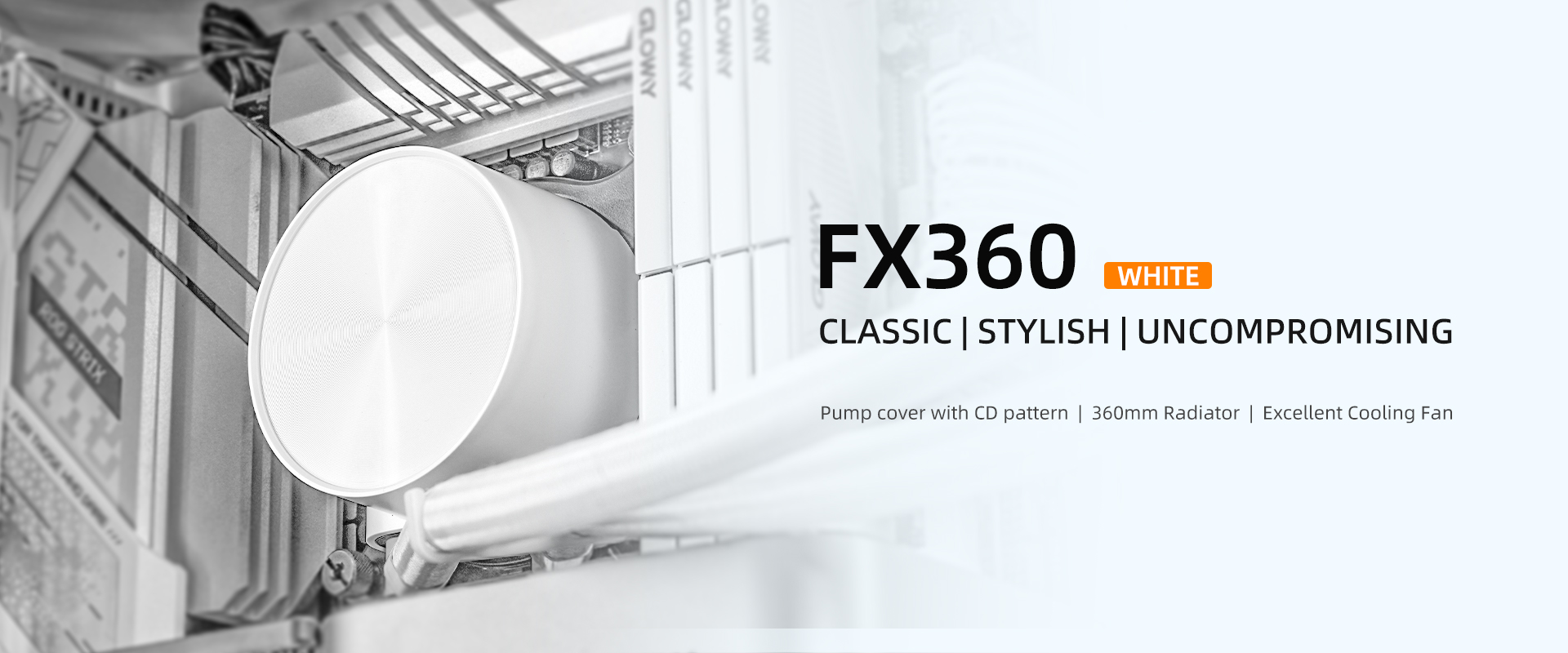 A large marketing image providing additional information about the product ID-COOLING FrostFlow FX360 360mm AIO CPU Liquid Cooler - White - Additional alt info not provided