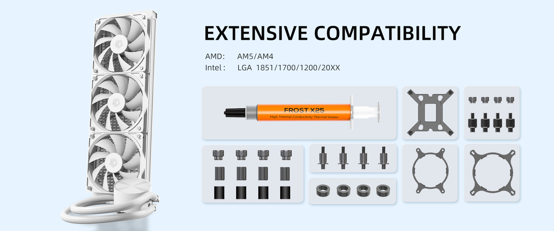 A large marketing image providing additional information about the product ID-COOLING FrostFlow FX360 360mm AIO CPU Liquid Cooler - White - Additional alt info not provided