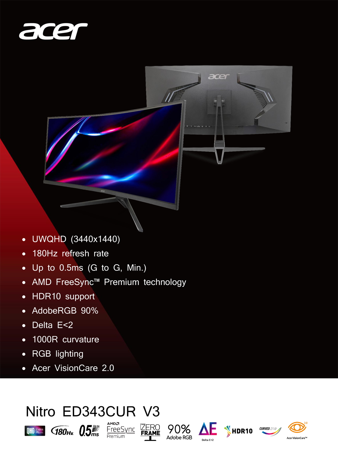 A large marketing image providing additional information about the product Acer Nitro ED343CUR V3 - 34" Curved 1440p Ultrawide 180Hz VA Monitor - Additional alt info not provided