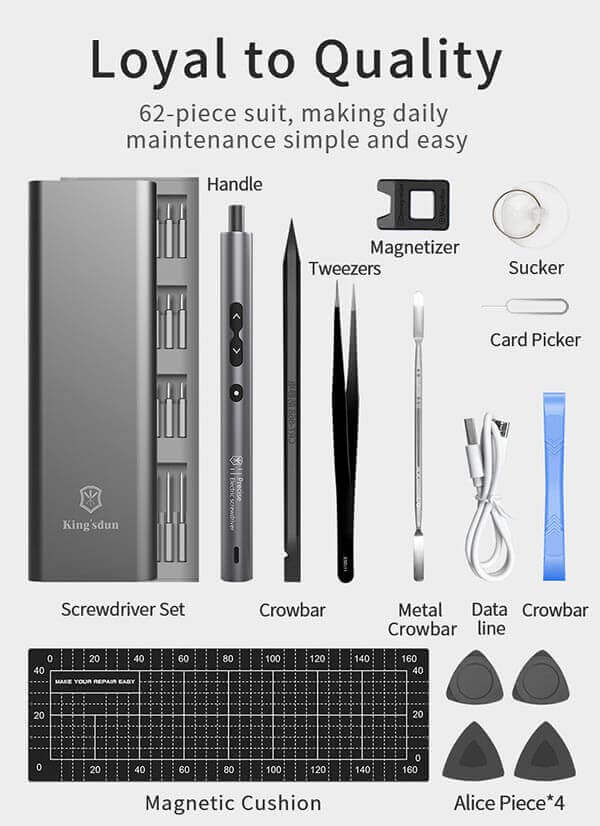 A large marketing image providing additional information about the product King'sdun 62 in 1 Electric Screwdriver Set - Additional alt info not provided