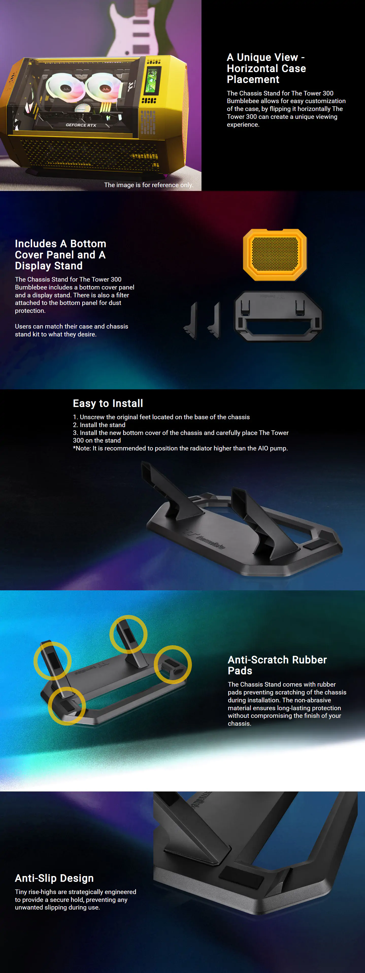 A large marketing image providing additional information about the product Thermaltake Horizontal Stand Kit for The Tower 300 (Bumblebee Yellow) - Additional alt info not provided