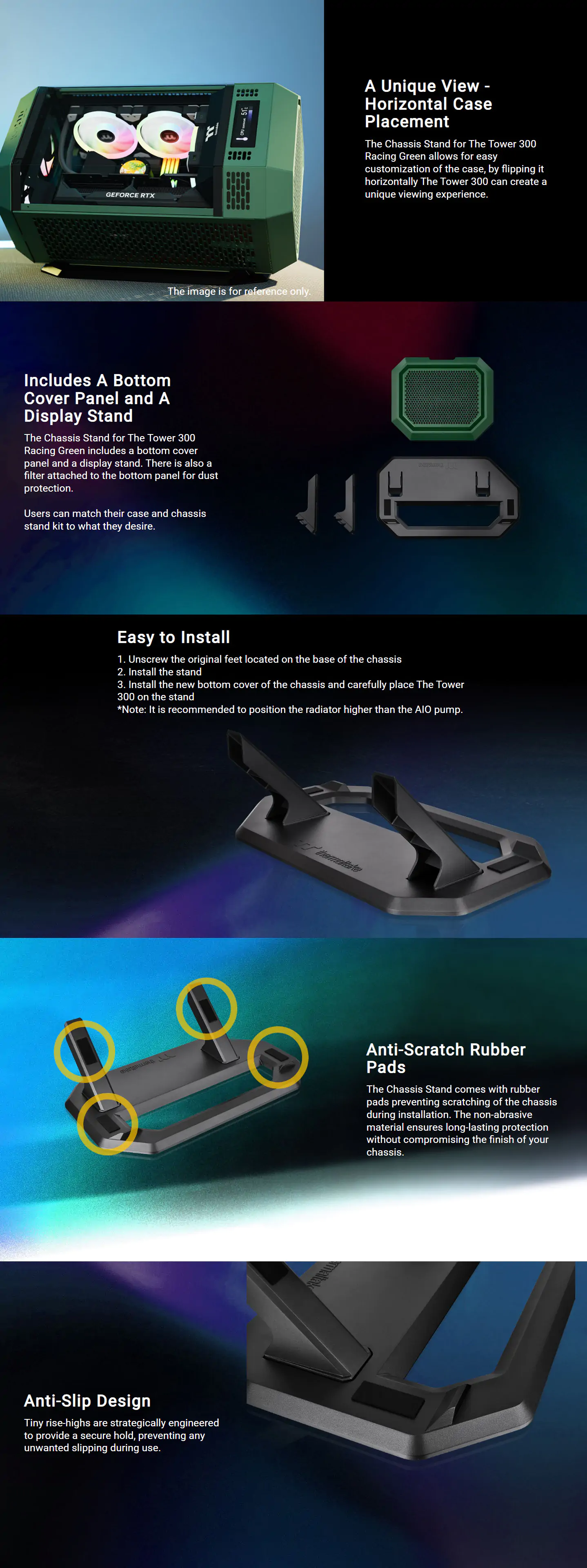 A large marketing image providing additional information about the product Thermaltake Horizontal Stand Kit for The Tower 300 (Racing Green) - Additional alt info not provided