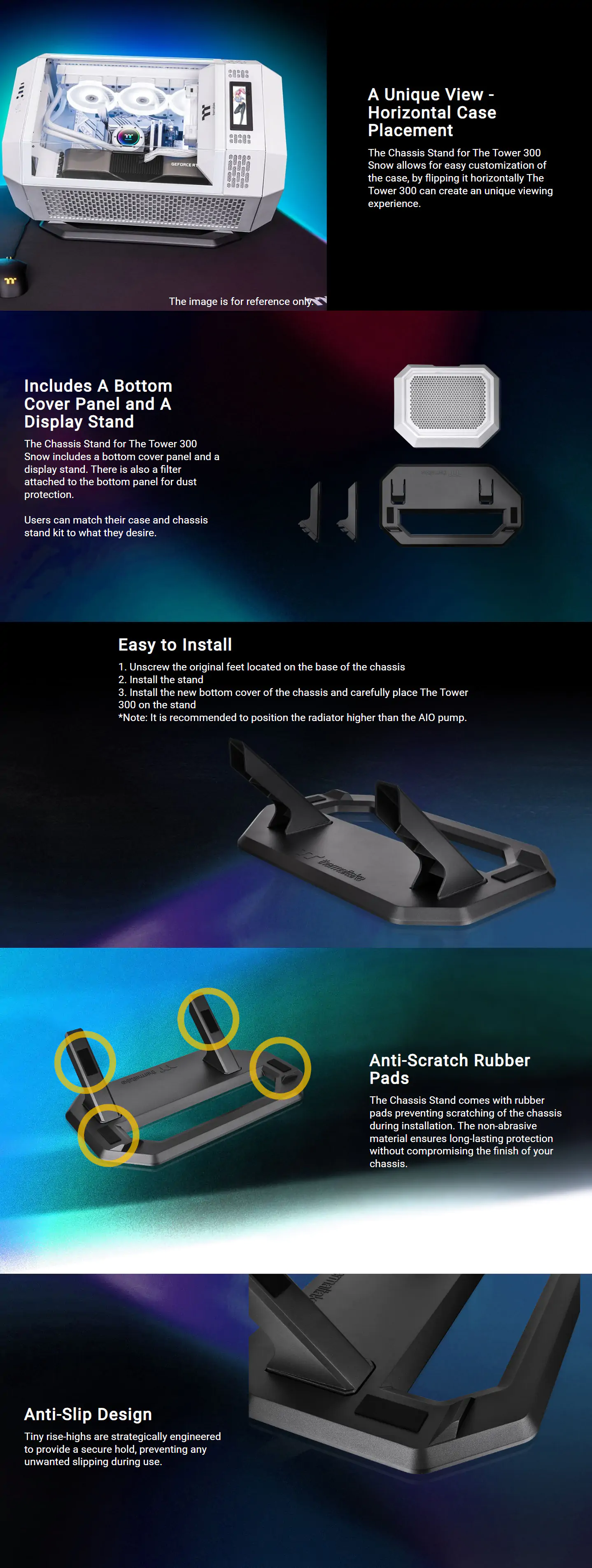 A large marketing image providing additional information about the product Thermaltake Horizontal Stand Kit for The Tower 300 (Snow) - Additional alt info not provided