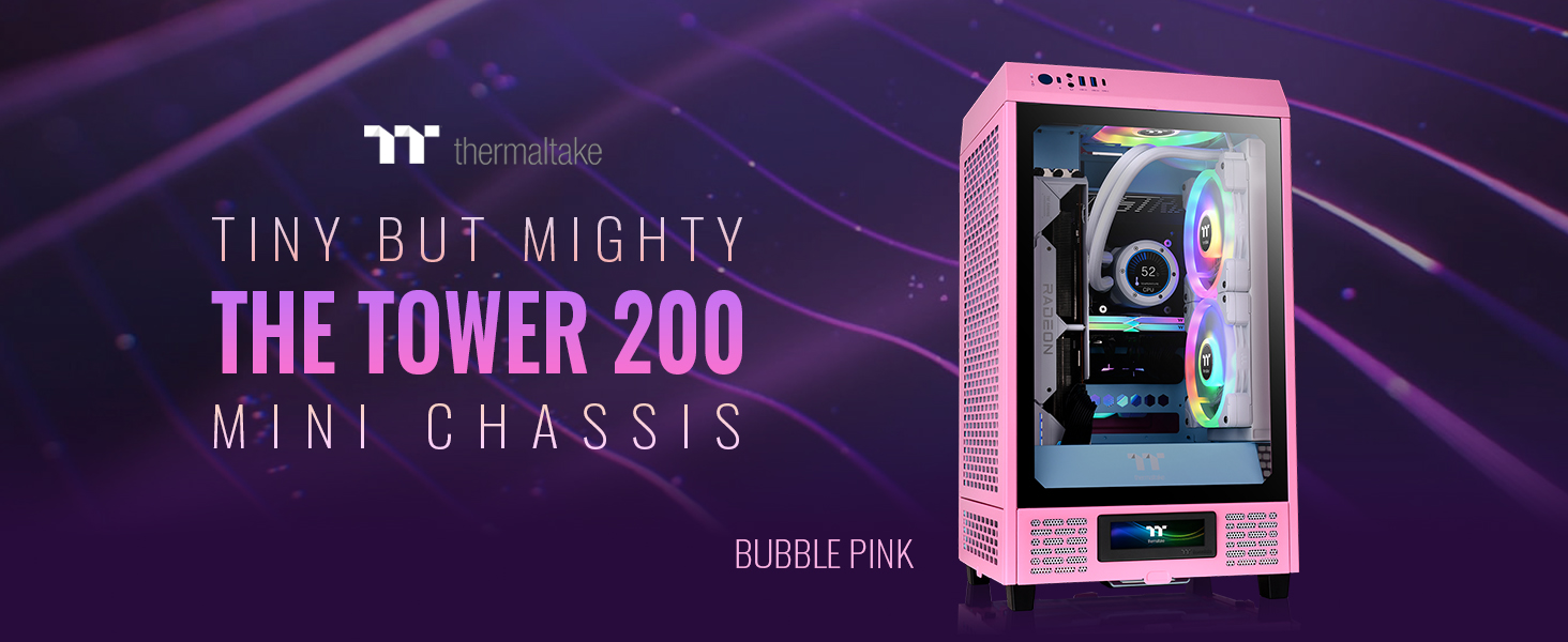 A large marketing image providing additional information about the product Thermaltake The Tower 200 - Mini Tower Case (Bubble Pink) - Additional alt info not provided