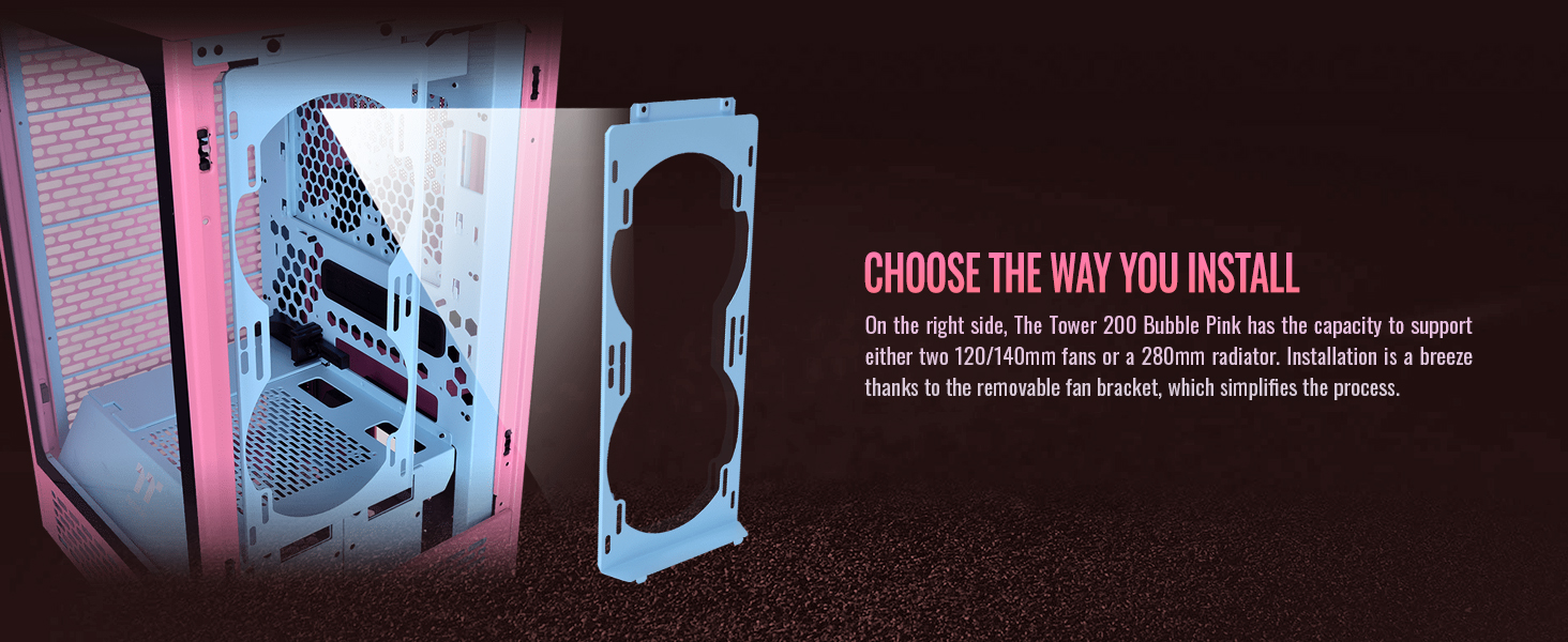 A large marketing image providing additional information about the product Thermaltake The Tower 200 - Mini Tower Case (Bubble Pink) - Additional alt info not provided