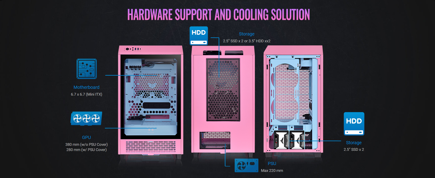 A large marketing image providing additional information about the product Thermaltake The Tower 200 - Mini Tower Case (Bubble Pink) - Additional alt info not provided