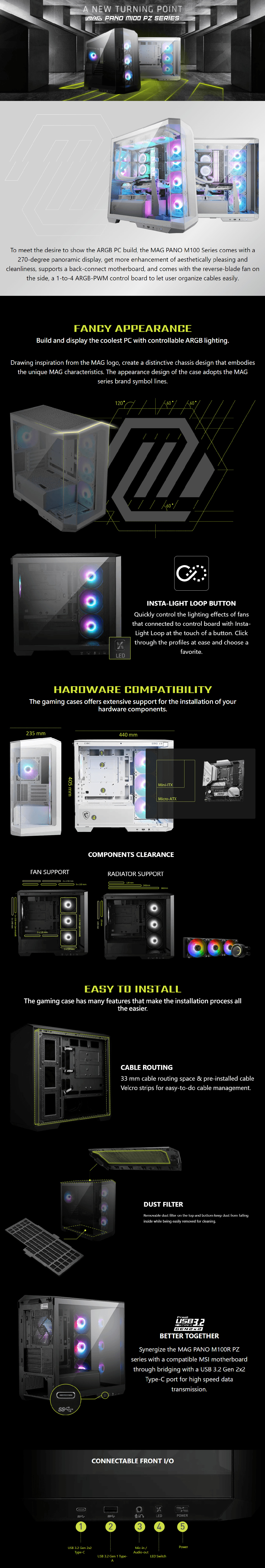 A large marketing image providing additional information about the product MSI MAG PANO M100R PZ mATX Tower Case - White - Additional alt info not provided