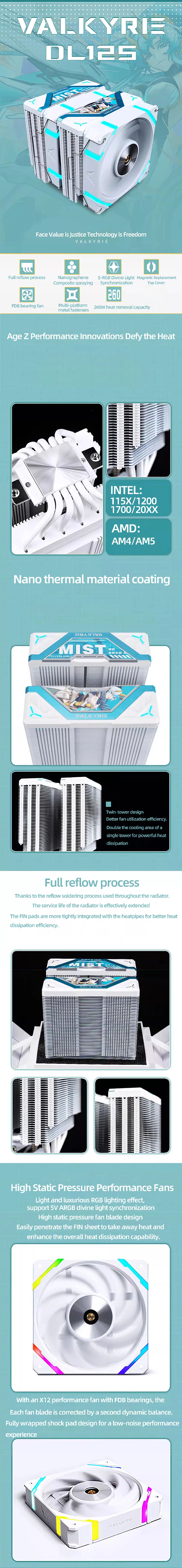 A large marketing image providing additional information about the product Valkyrie DL125 ARGB - Performance Dual Tower CPU Cooler (Mist) - Additional alt info not provided