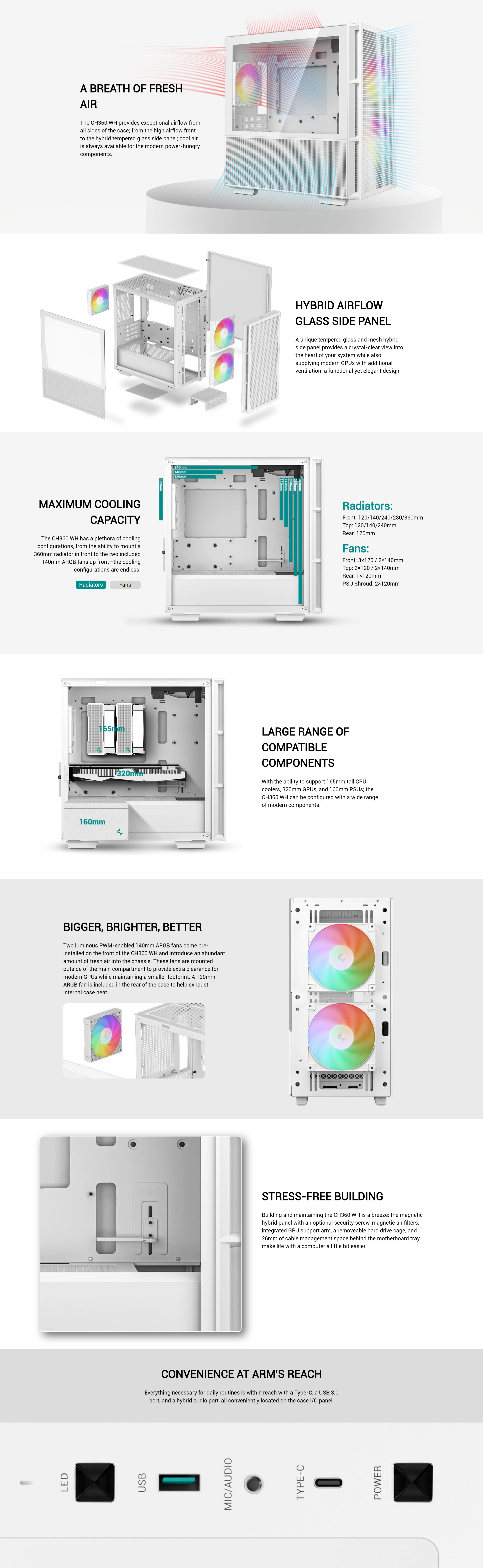 A large marketing image providing additional information about the product DeepCool CH360 mATX Case - White - Additional alt info not provided