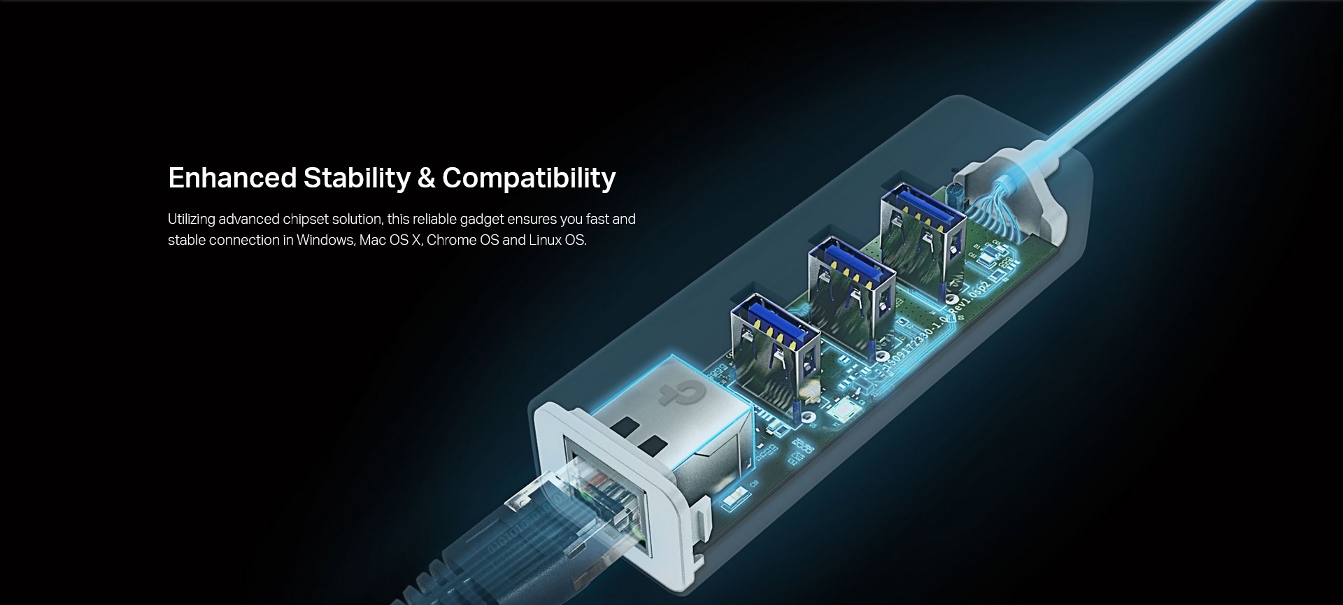 A large marketing image providing additional information about the product TP-Link UE330C - USB Type-C 3-Port Hub & Gigabit Ethernet Adapter - Additional alt info not provided