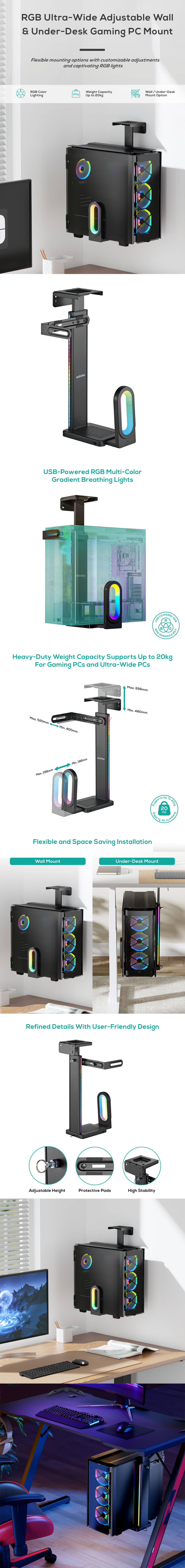 A large marketing image providing additional information about the product mbeat Activiva RGB Ultra-Wide Adjustable Wall & Under-Desk Gaming PC Mount - Additional alt info not provided