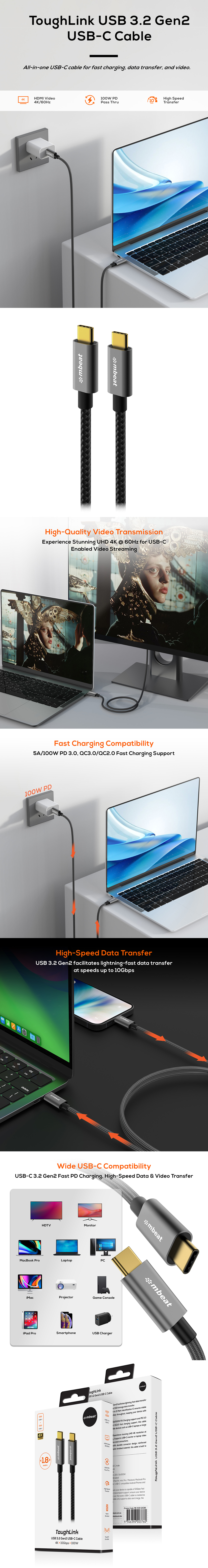 A large marketing image providing additional information about the product mbeat Tough Link 1.8m USB 3.2 Gen2 USB-C Cable - Space Grey - Additional alt info not provided