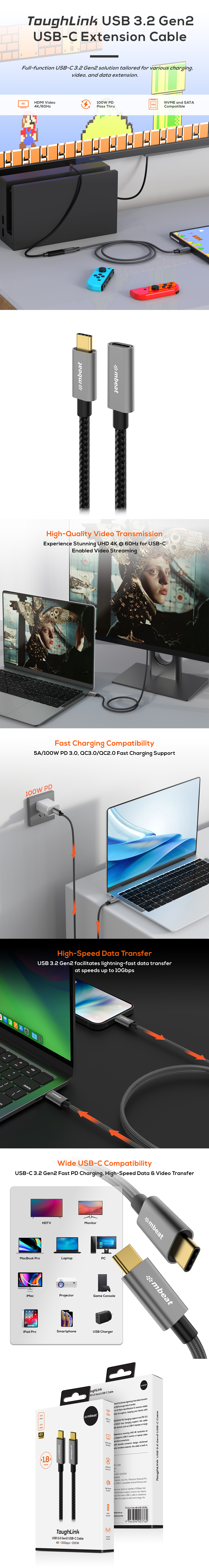 A large marketing image providing additional information about the product mbeat Tough Link 1m USB 3.2 Gen2 USB Type-C Extension Cable - Space Grey - Additional alt info not provided