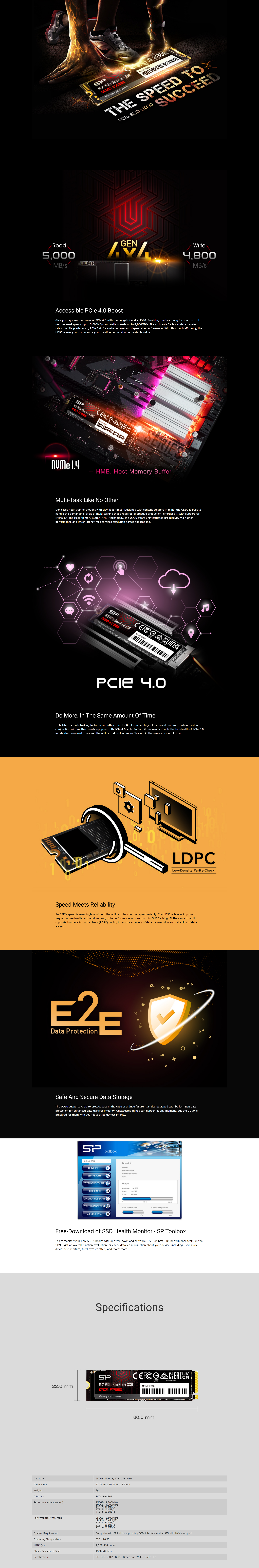 A large marketing image providing additional information about the product Silicon Power UD90 PCIe Gen4 NVMe M.2 SSD  - 2TB  - Additional alt info not provided