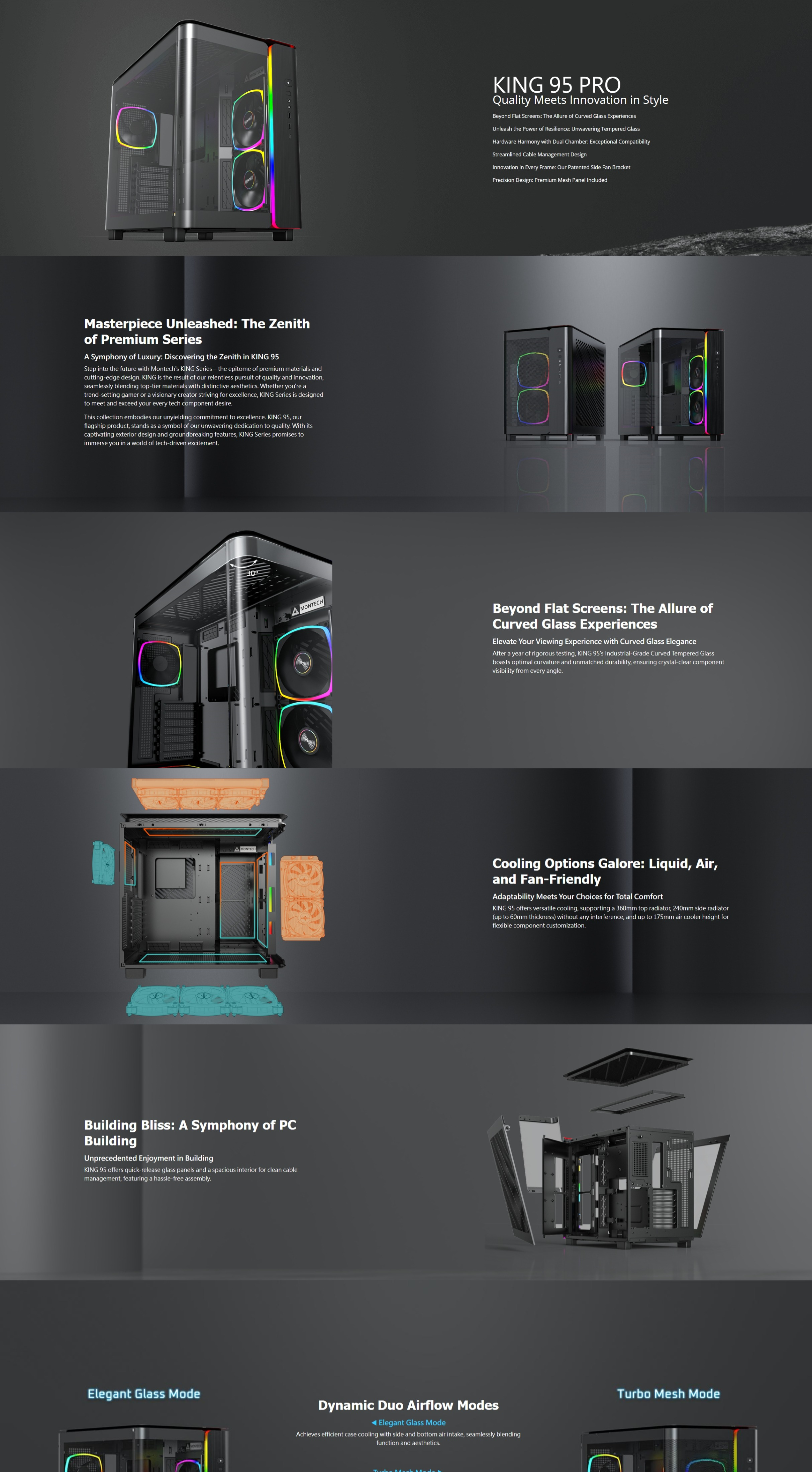 A large marketing image providing additional information about the product Montech KING 95 Pro - Dual-Chamber Tempered Glass Mid Tower Case (Black) - Additional alt info not provided