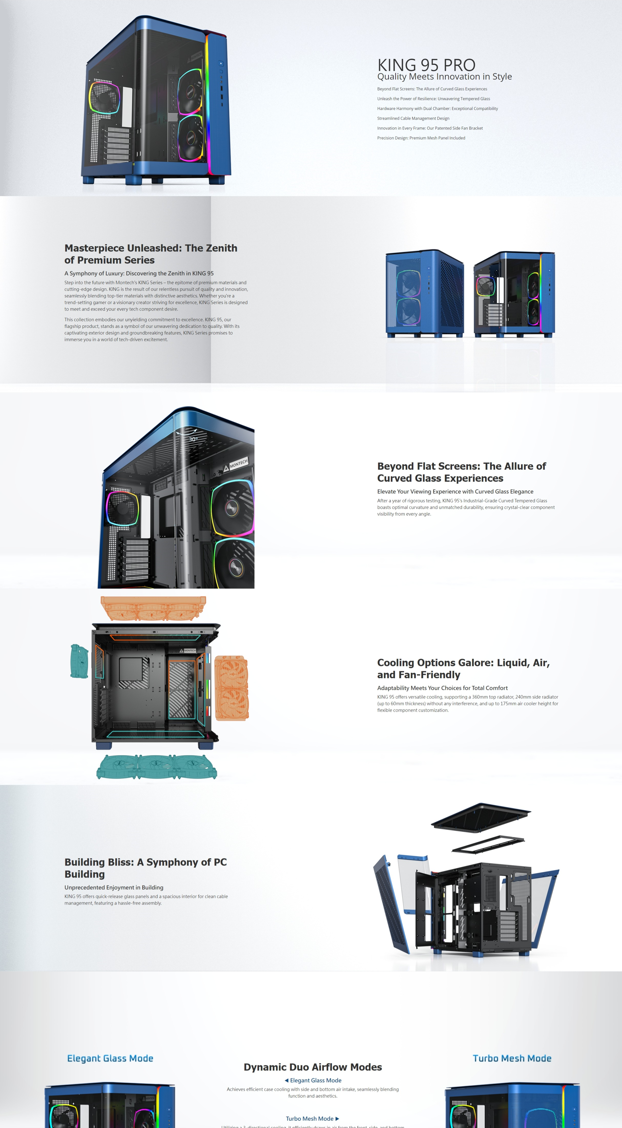 A large marketing image providing additional information about the product Montech KING 95 Pro - Dual-Chamber Tempered Glass Mid Tower Case (Blue) - Additional alt info not provided