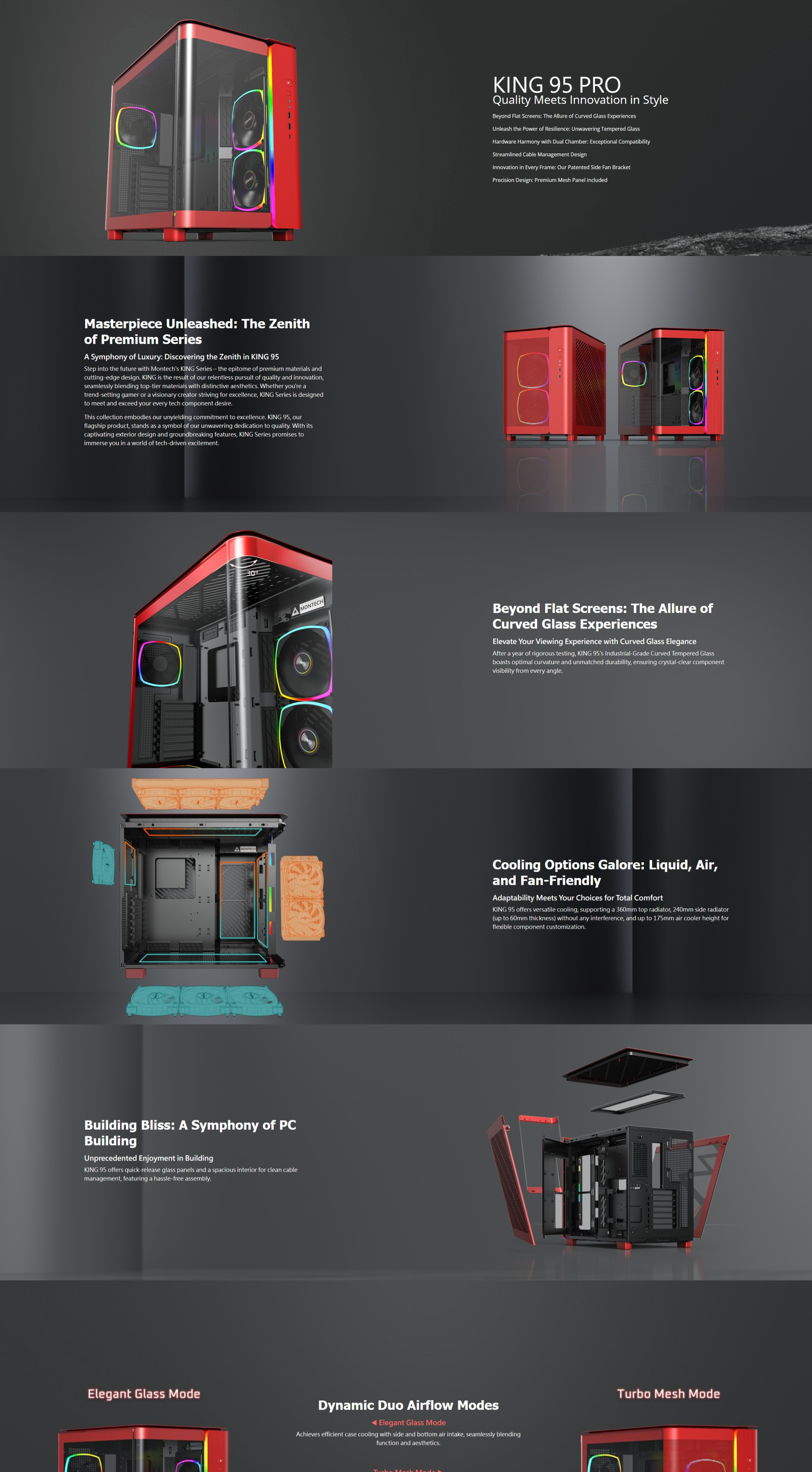 A large marketing image providing additional information about the product Montech KING 95 Pro - Dual-Chamber Tempered Glass Mid Tower Case (Red) - Additional alt info not provided