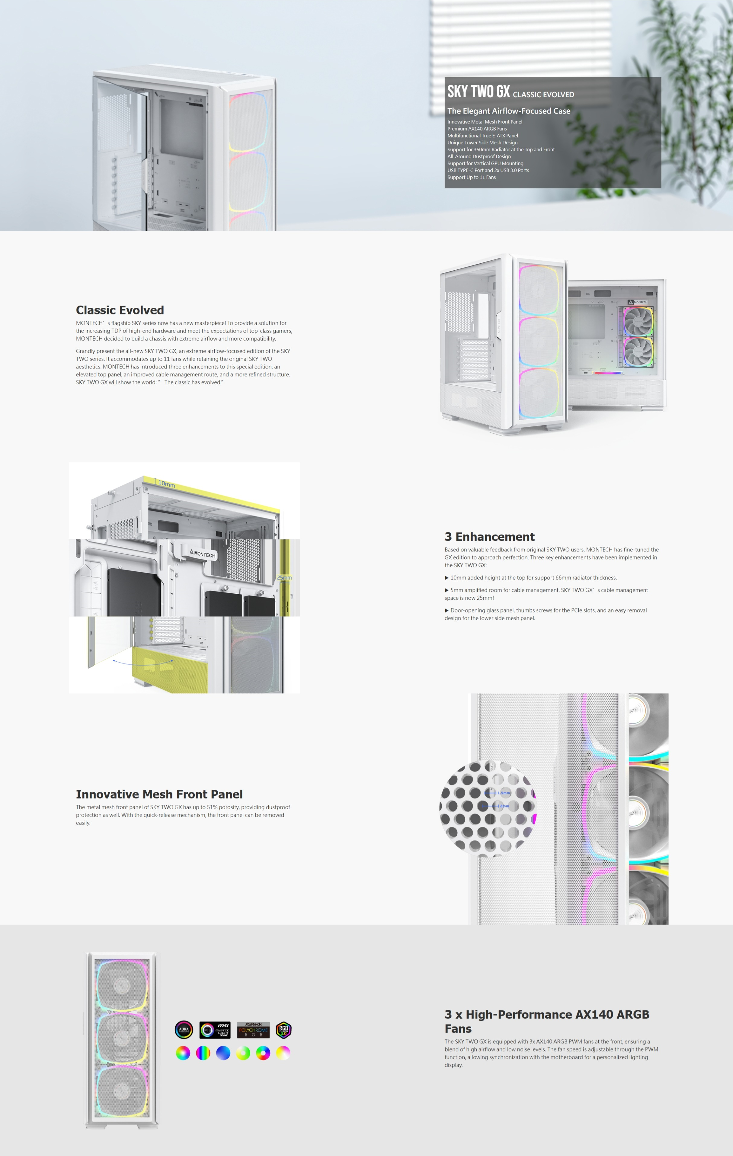 A large marketing image providing additional information about the product Montech SKY TWO GX - Mid Tower Case (White) - Additional alt info not provided