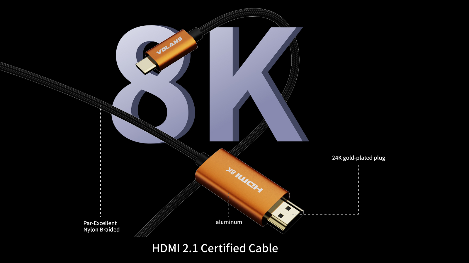 A large marketing image providing additional information about the product Volans Ultra 8K USB Type-C to HDMI 2.1 Cable (3m) - Additional alt info not provided