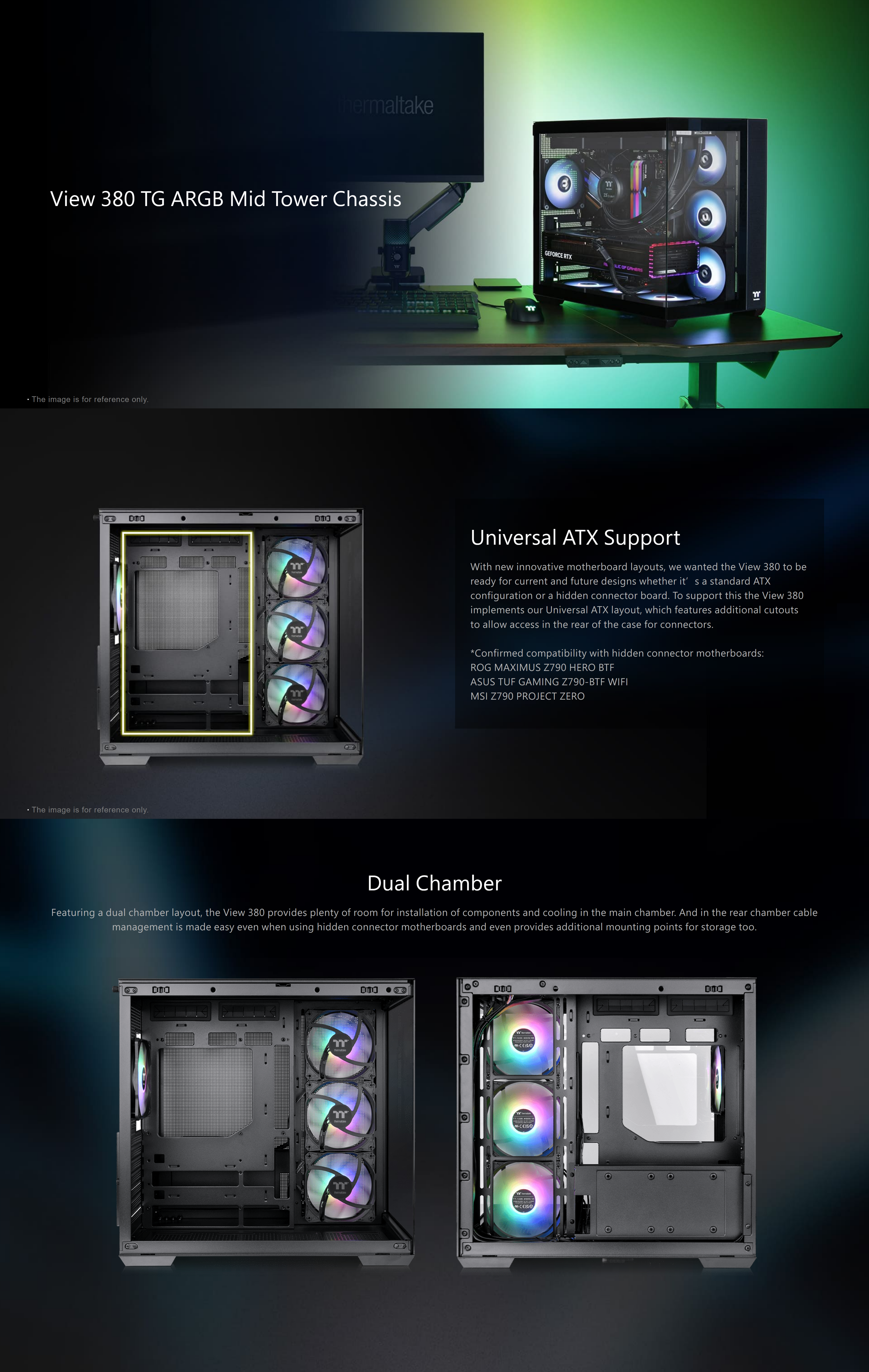 Thermaltake All New chassis View 380 XL TG ARGB Mid Tower Chassis is a dual-chamber ATX case with Hidden-Connector Motherboard support, four 120mm Hydraulic Bearing ARGB Lite fans, and space for a
