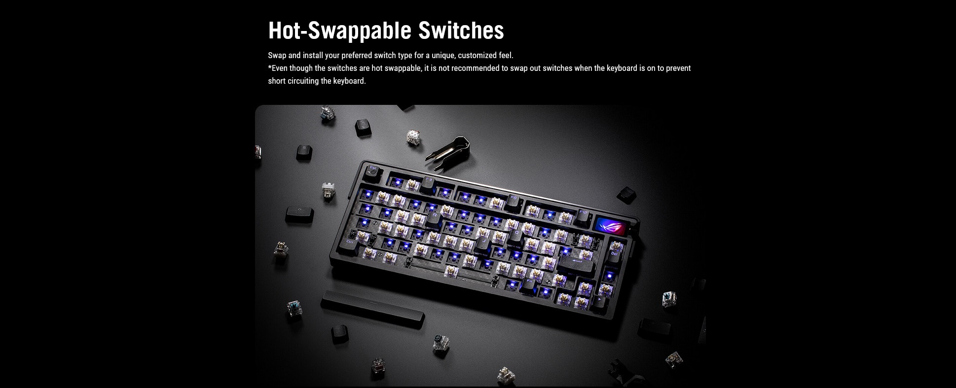 A large marketing image providing additional information about the product ASUS ROG Azoth Extreme 75% Hot-Swap RGB Wireless Mechanical Keyboard - Snow Switch - Additional alt info not provided