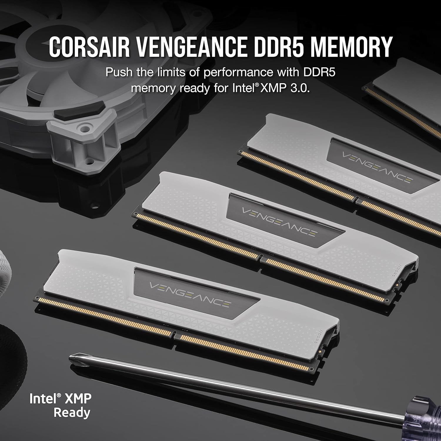 A large marketing image providing additional information about the product Corsair Vengeance 32GB Kit (2x16GB) DDR5 Intel XMP C36 6000MHz - White - Additional alt info not provided