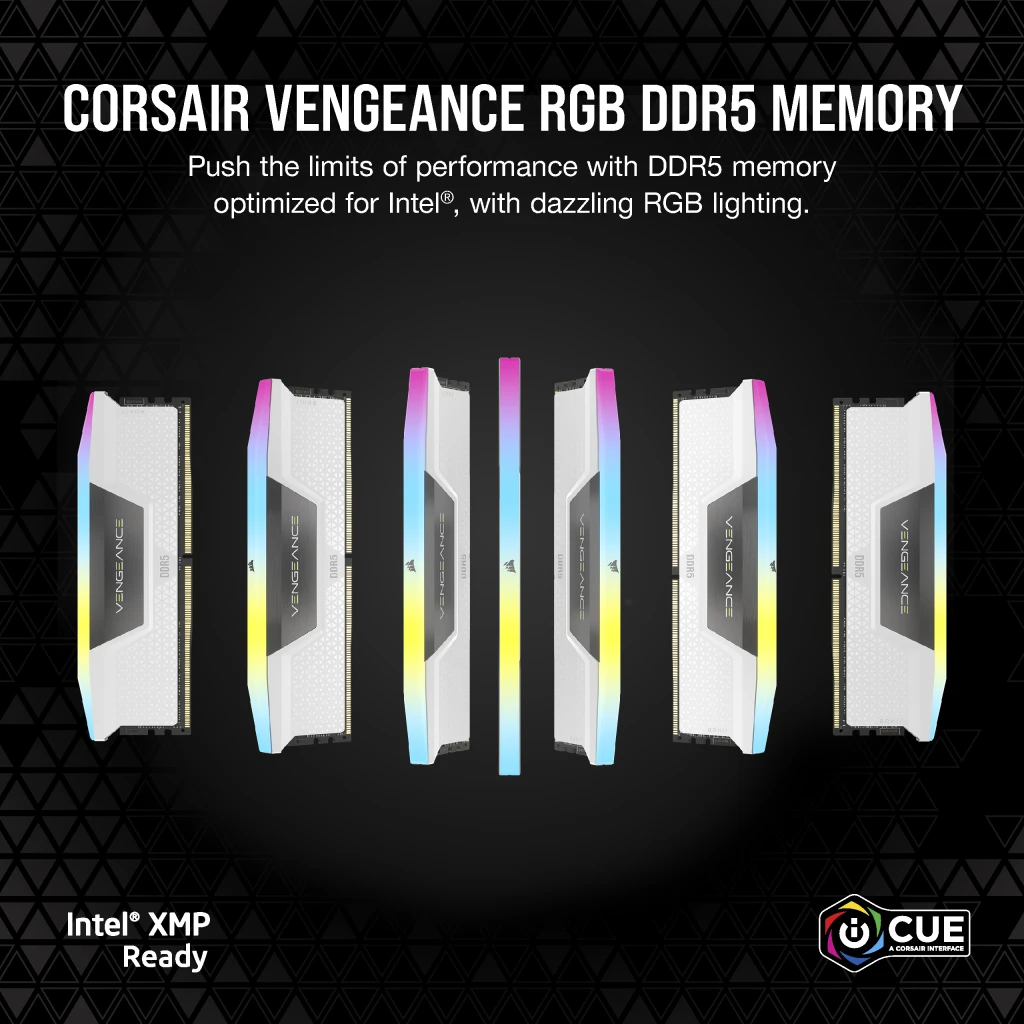 A large marketing image providing additional information about the product Corsair Vengeance RGB 32GB Kit (2x16GB) DDR5 Intel XMP C32 6400MHz - White - Additional alt info not provided