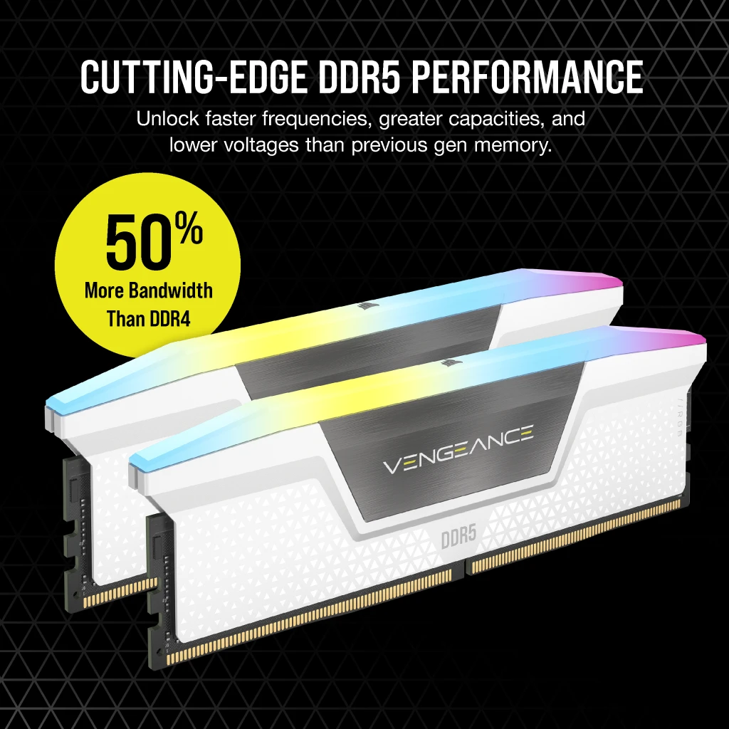 A large marketing image providing additional information about the product Corsair Vengeance RGB 32GB Kit (2x16GB) DDR5 Intel XMP C32 6400MHz - White - Additional alt info not provided